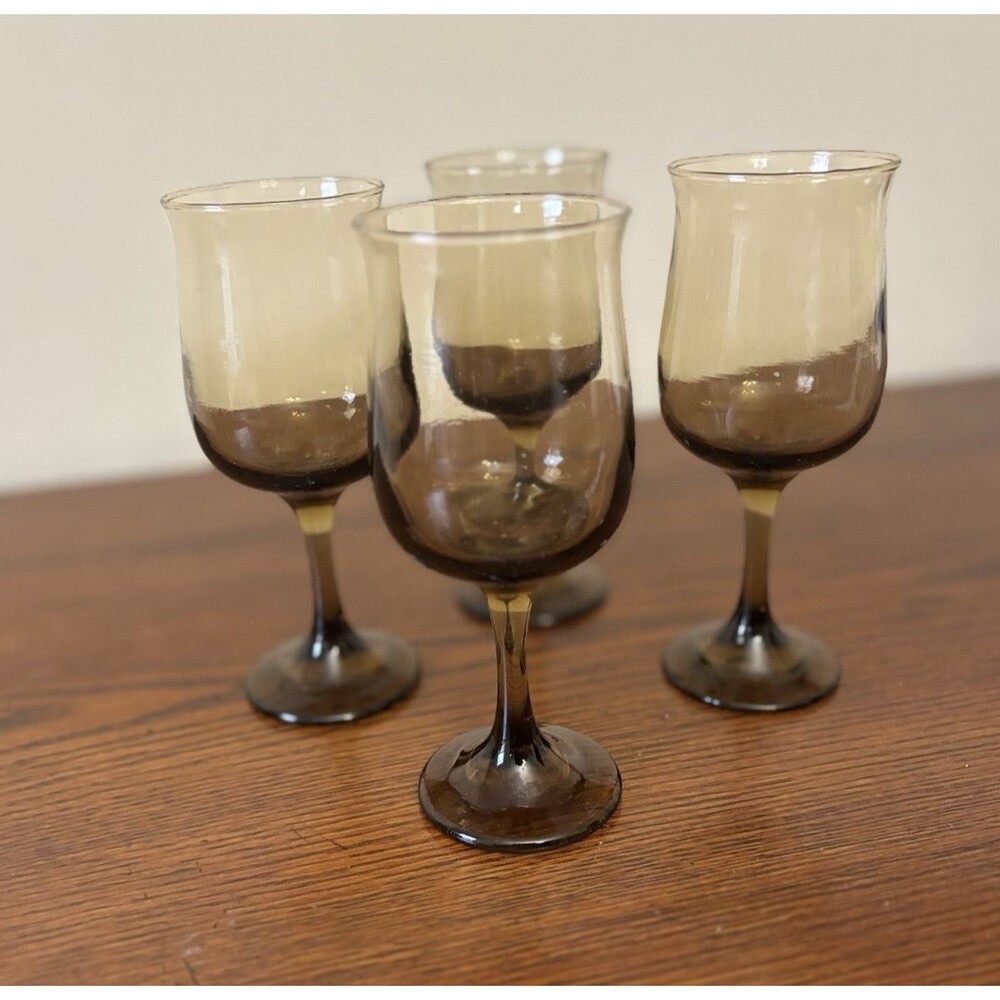 Vintage Set Of 4 Mid Century Modern Stemmed Brown Wine Water Glasses Tulip Bowl